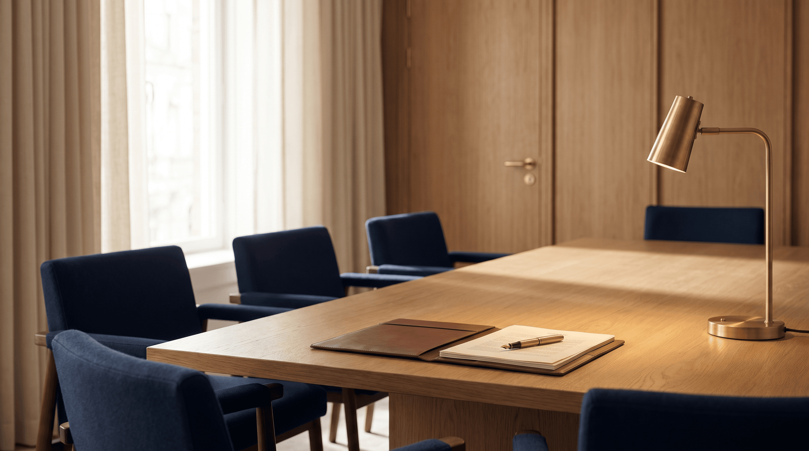 Calm boardroom interior with leather portfolio and printed pages on a wooden table