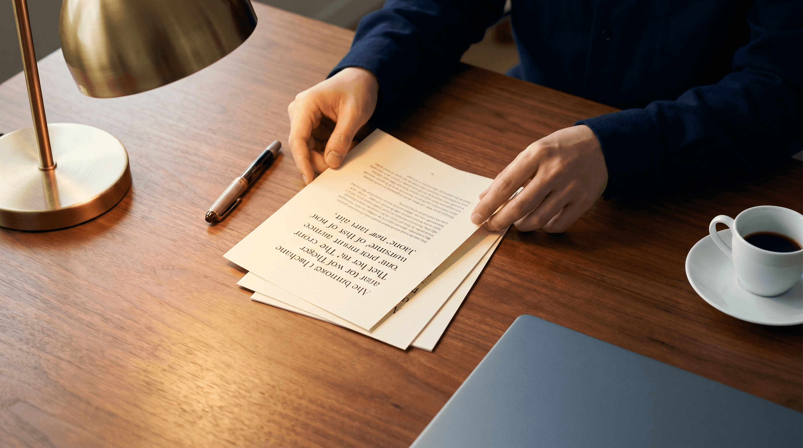 Professional hands arranging printed pages on a warm wooden desk under a brass lamp