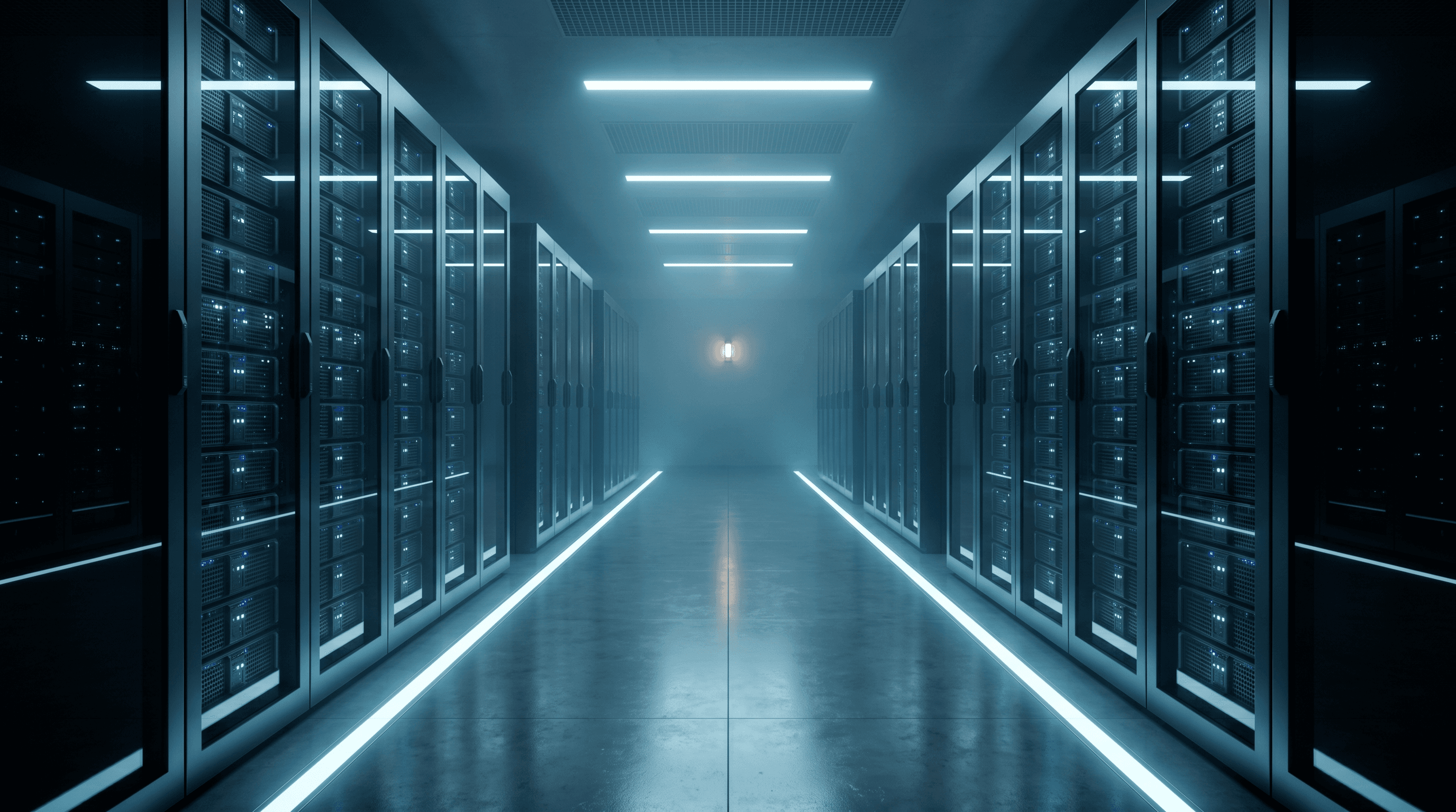 Modern European data centre corridor with cool LED strip lighting