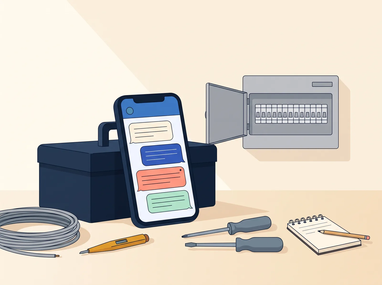 A phone showing a customer chat, leaning on a toolbox beside an open fuse box, a cable coil and a voltage tester.