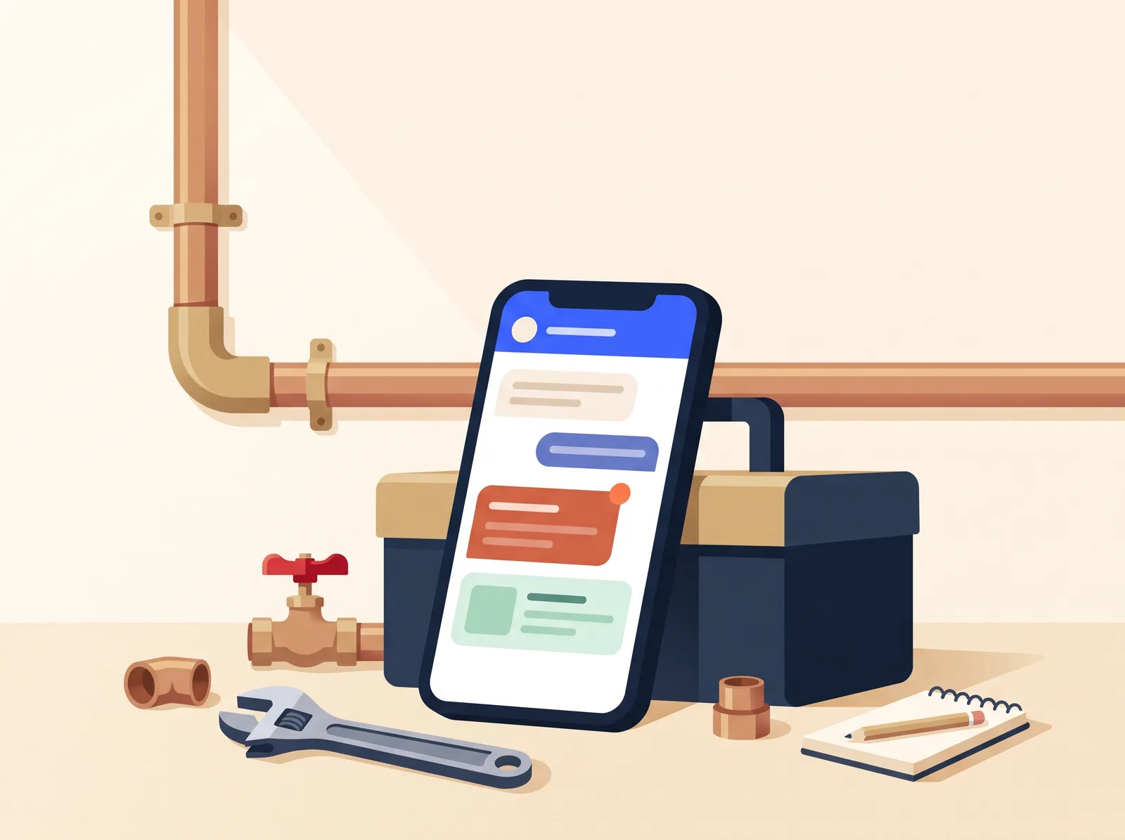 A phone showing a customer chat, propped against a plumber's toolbox beside copper pipes, a stopcock and a spanner.